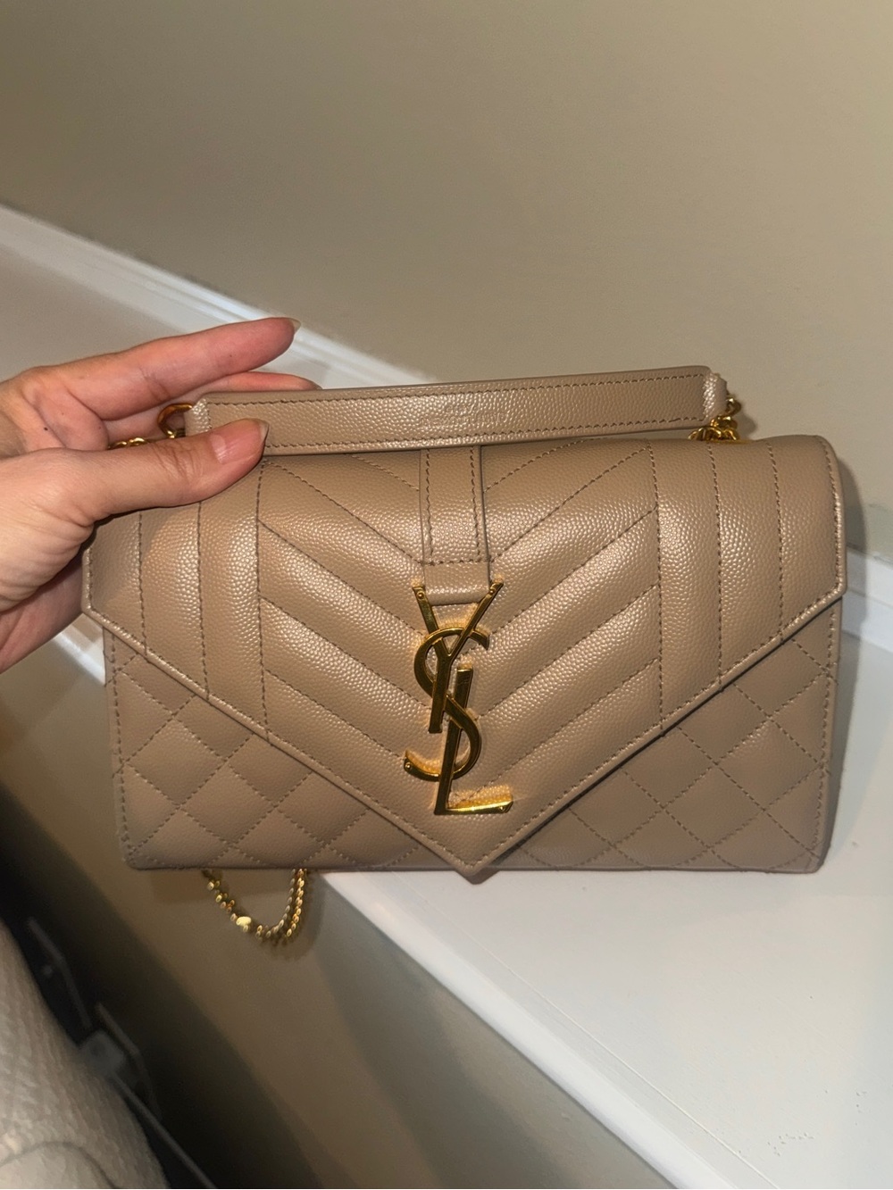 Saint Laurent Envelope Triquilt Small in Taupe